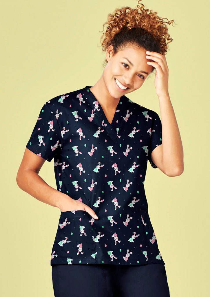 Womens Easter V-Neck Short Sleeve Scrub Top - Midnight Navy 5XL