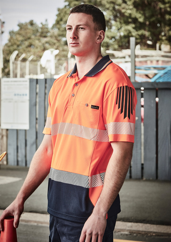 Mens Hi Vis Flux Segmented Tape Short Sleeve Polo - Yellow/Navy 7XL