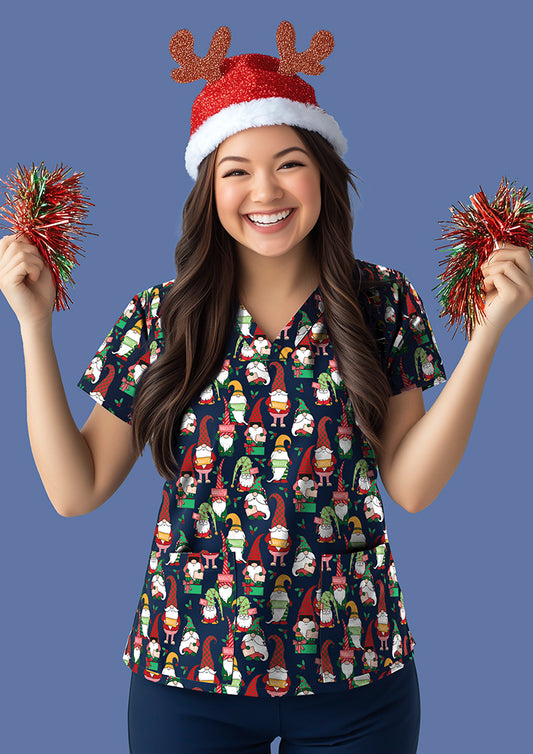 Womens Christmas V-Neck Short Sleeve Scrub Top - Midnight Navy/Gnomes Print 5XL