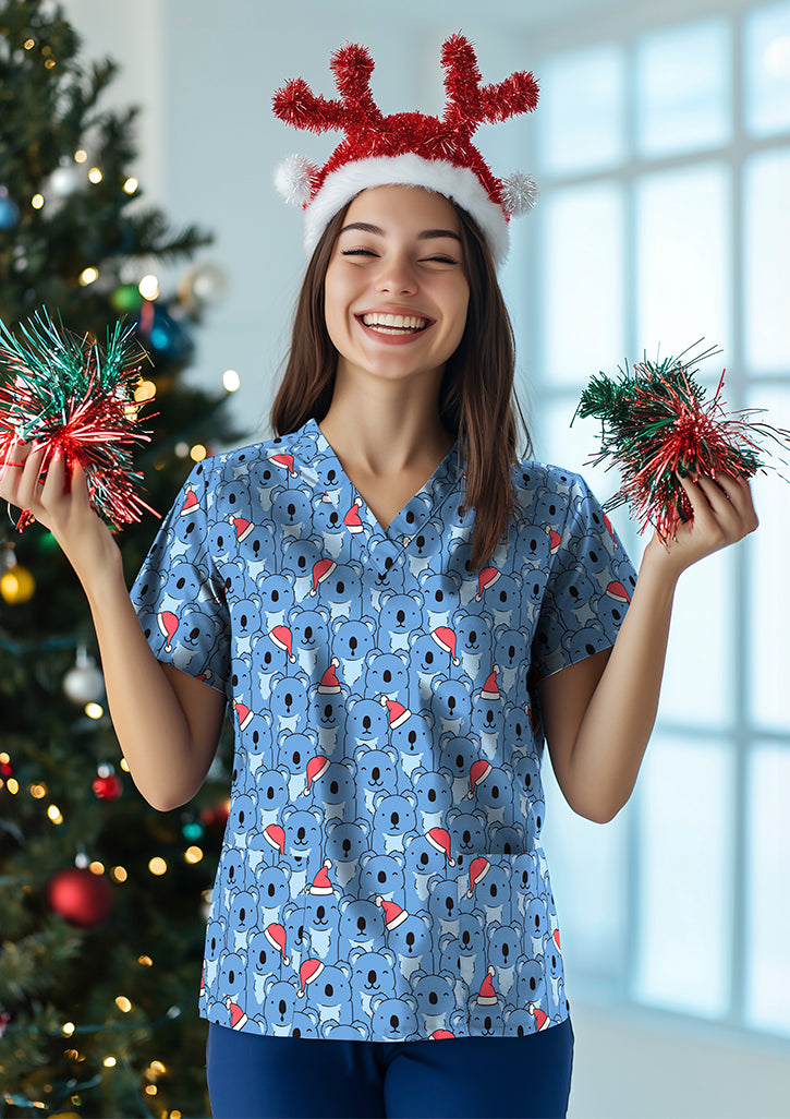 Womens Christmas V-Neck Short Sleeve Scrub Top - Teal/Australian Christmas Print 4XL