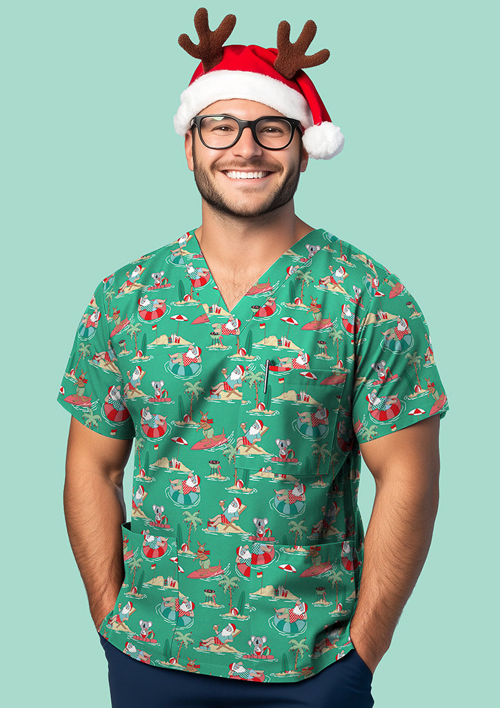 Unisex Christmas V-Neck Short Sleeve Scrub Top - Teal/Australian Christmas Print 5XL