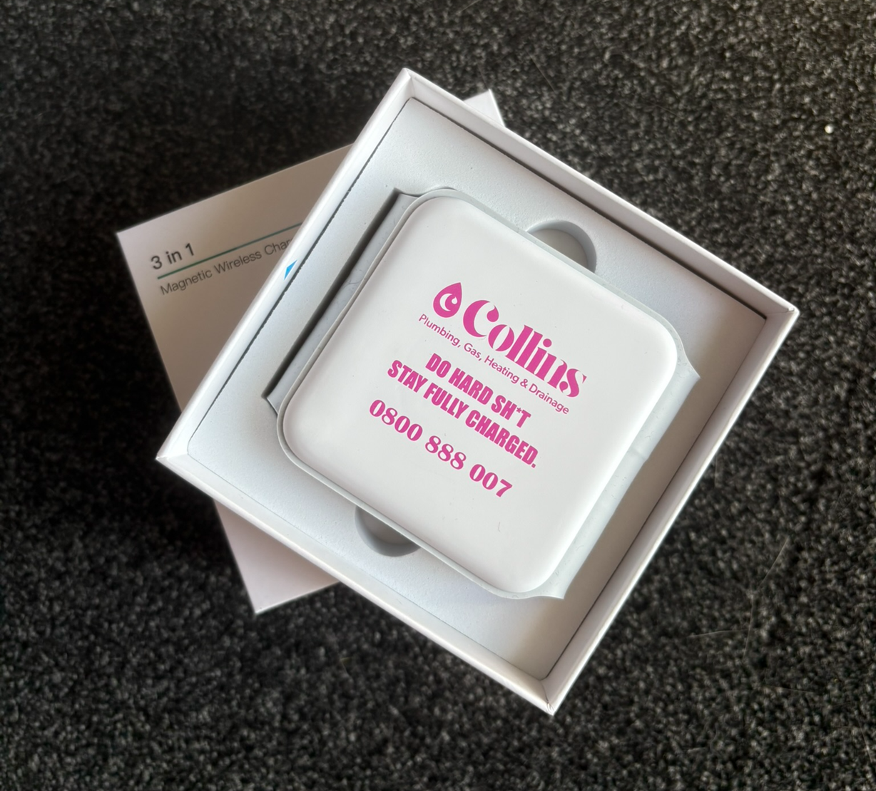 Charge your devices effortlessly with this 3-in-1 Wireless Charger, offering 15W for phones, 3W for earbuds, and 2.5W for Apple Watch. Comes with USB-C to USB-C cable. Wireless charging compatibility for both Android and Apple mobile phones. Gift Box 11 x 11 x 4cm