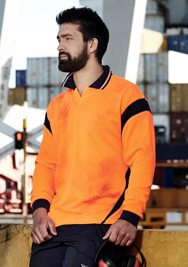 Mens Hi Vis Aztec Long Sleeve Polo - Yellow/Charcoal 7XL