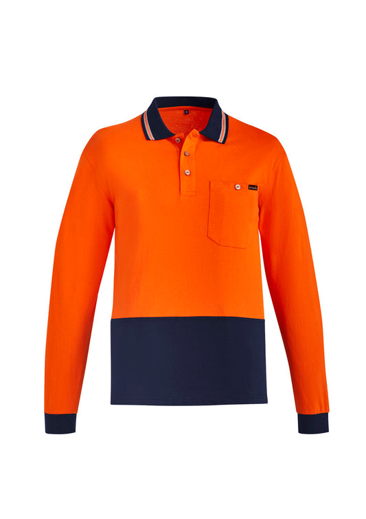 Mens Hi Vis Cotton Long Sleeve Polo - Orange/Navy 7XL