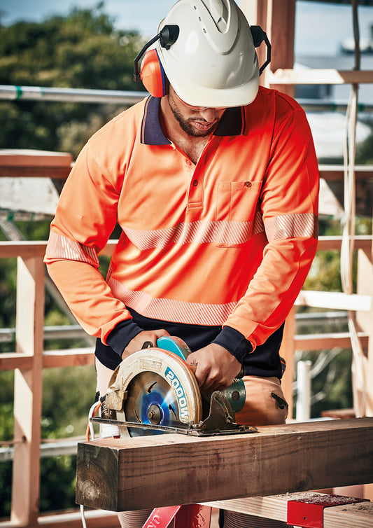 Unisex Hi Vis Segmented Tape Long Sleeve Polo - Orange/Navy 7XL
