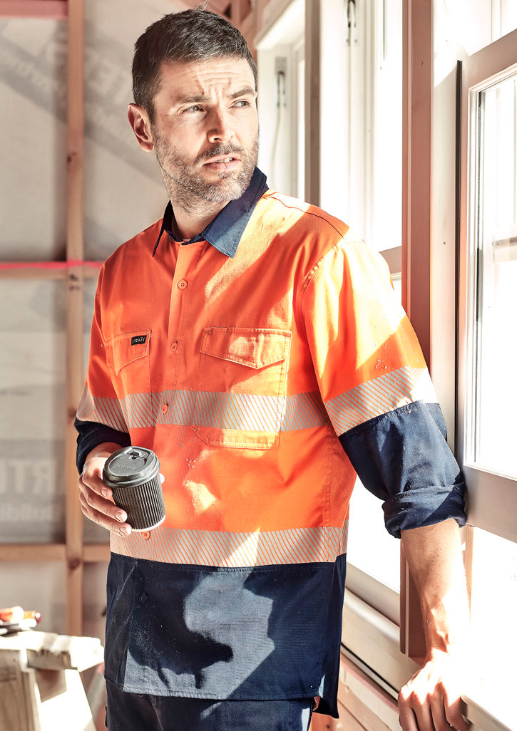 Mens Rugged Cooling Hi Vis Segmented Tape Long Sleeve Shirt - Orange/Navy 7XL