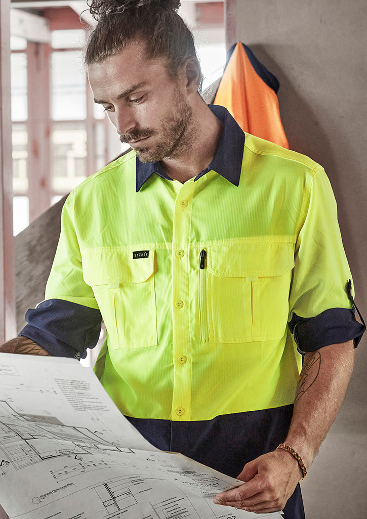 Mens Hi Vis Outdoor Long Sleeve Shirt - Orange/Navy 7XL