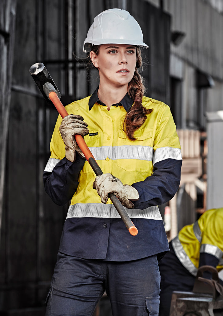 Womens Rugged Cooling Hi Vis Taped Long Sleeve Shirt - Yellow/Navy 24