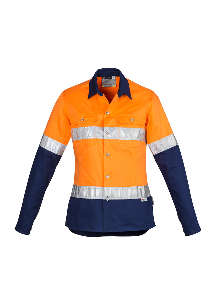 Womens Industrial Long Sleeve Shirt - Hoop Taped - Orange/Navy 24